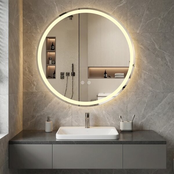 Costway Specchio led bagno rotondo parete vetro temperato luminosità regolabile, Specchio touch memoria anti-appannamento 70cm
