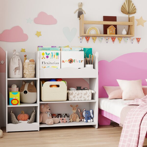 AIYAPLAY Scaffale per giocattoli per bambini Ripiani Aperti Scomparti Design Orsetto Organizer per giocattoli Bianco | Aosom Italy