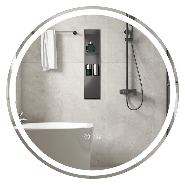 Costway Specchio led bagno rotondo parete vetro temperato luminosità regolabile, Specchio touch memoria anti-appannamento 70cm