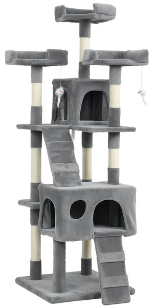 PawHut Albero Tiragraffi per Gatti Albero per Gatti 153 cm con 2 Tane 3 Lettini 2 Rampe Pali in Sisal Topolini Appesi Grigio | Aosom Italy