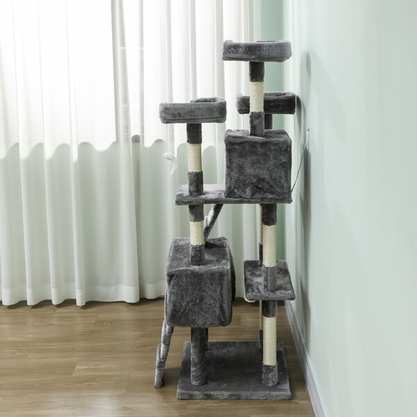 PawHut Albero Tiragraffi per Gatti Albero per Gatti 153 cm con 2 Tane 3 Lettini 2 Rampe Pali in Sisal Topolini Appesi Grigio | Aosom Italy