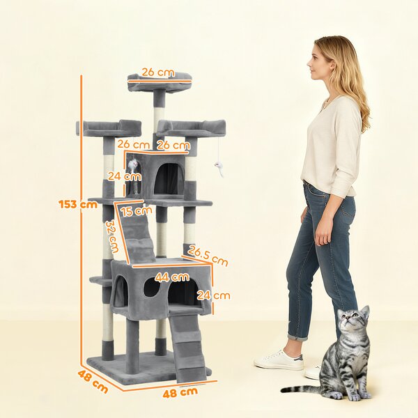 PawHut Albero Tiragraffi per Gatti Albero per Gatti 153 cm con 2 Tane 3 Lettini 2 Rampe Pali in Sisal Topolini Appesi Grigio | Aosom Italy