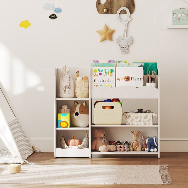 AIYAPLAY Scaffale per giocattoli per bambini Ripiani Aperti Scomparti Design Orsetto Organizer per giocattoli Bianco | Aosom Italy