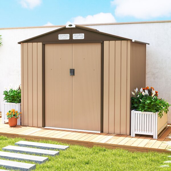 Outsunny Casetta da Giardino Esterna 2,42 m² 213x130x185 cm con Porta Scorrevole Ventilazione e Kit di Fondazione Giallo | Aosom Italy