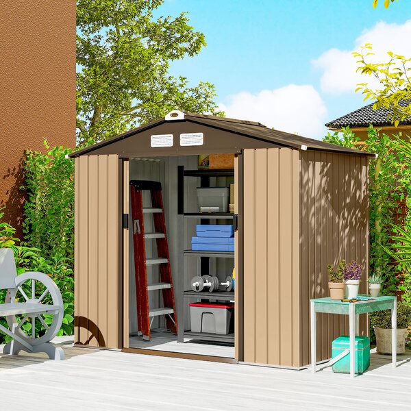 Outsunny Casetta da Giardino Esterna 2,42 m² 213x130x185 cm con Porta Scorrevole Ventilazione e Kit di Fondazione Giallo | Aosom Italy