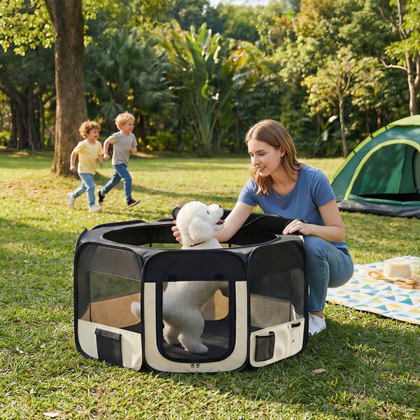 PawHut Parco Pieghevole per Cani e Gatti Recinto Portatile per Piccoli Animali Impermeabile in Tessuto Oxford Ø90x41 cm Nero | Aosom Italy