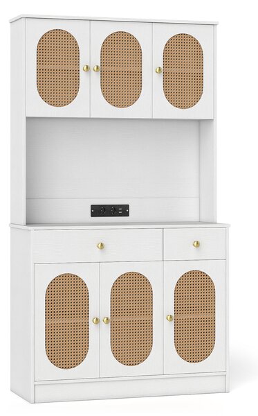 Costway Credenza boho soggiorno 6 ante rattan 2 cassetti vetrina dispensa, Credenza metallo indipendente 180cm Bianco