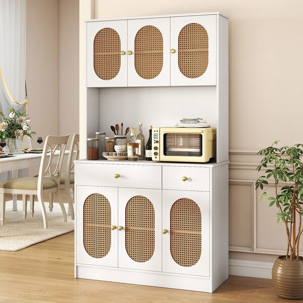 Costway Credenza boho soggiorno 6 ante rattan 2 cassetti vetrina dispensa, Credenza metallo indipendente 180cm Bianco
