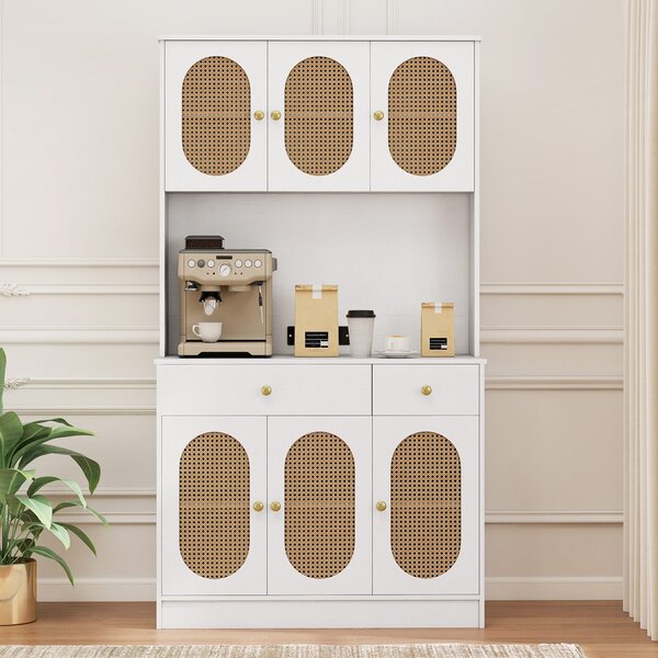 Costway Credenza boho soggiorno 6 ante rattan 2 cassetti vetrina dispensa, Credenza metallo indipendente 180cm Bianco