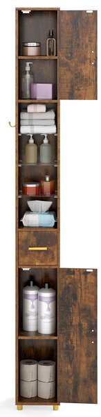 Costway Mobiletto da bagno organizzatore con 2 ante ripiani regolabili, Mobiletto da bagno 3 ripiani vetro temperato 181 cm Marrone