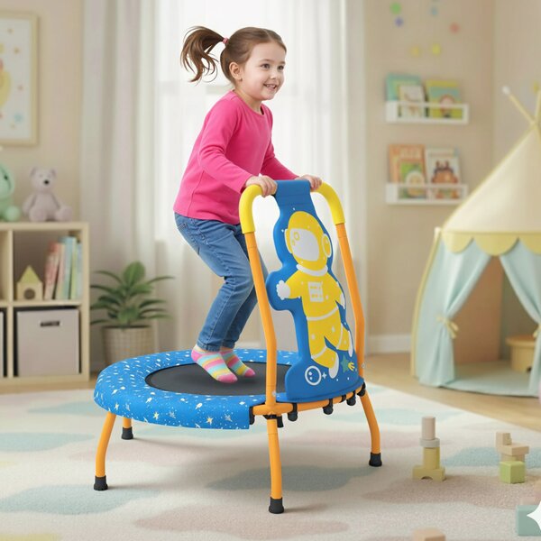 Costway Mini trampolino bambini maniglia schiuma copertura sicurezza imbottita tappeto saltare, Trampolino interno senza spazi bambini 3-6 anni Blu