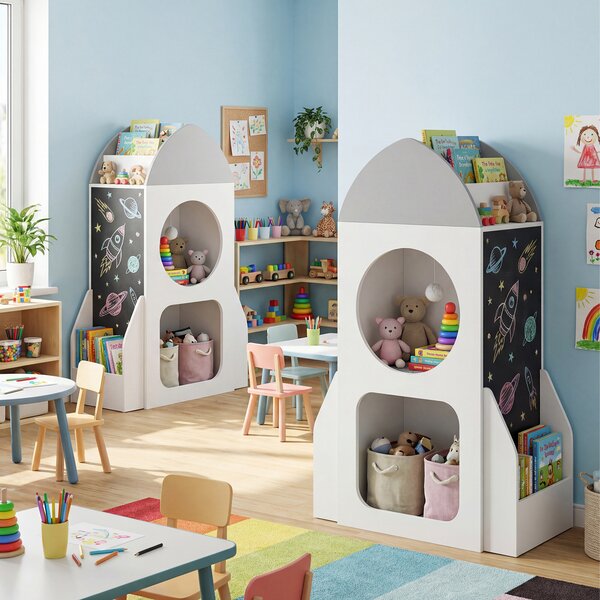Costway Libreria bambini 3 livelli tema razzo spaziale lavagna, Libreria 2 cubi ripiano aperto legno aula sala giochi asilo