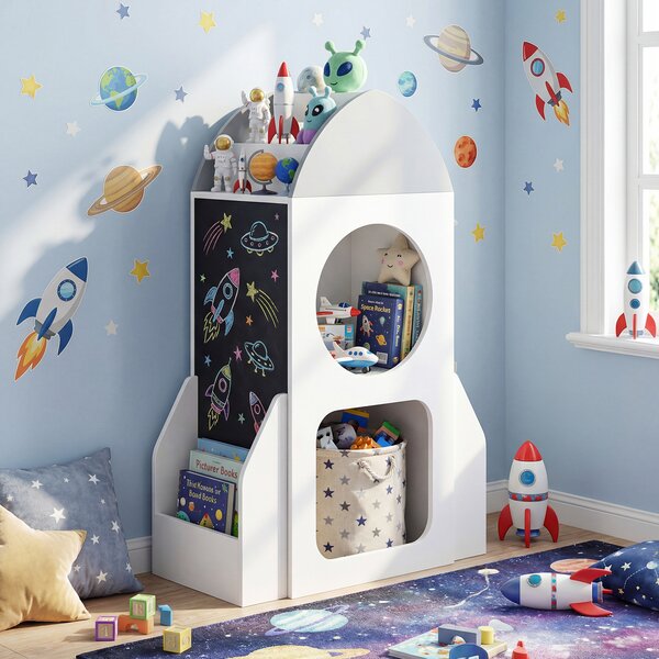 Costway Libreria bambini 3 livelli tema razzo spaziale lavagna, Libreria 2 cubi ripiano aperto legno aula sala giochi asilo