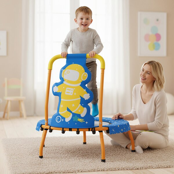 Costway Mini trampolino bambini maniglia schiuma copertura sicurezza imbottita tappeto saltare, Trampolino interno senza spazi bambini 3-6 anni Blu