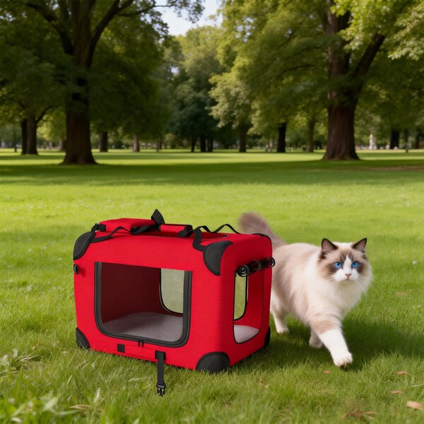 PawHut Trasportino per Cani Pieghevole 60x41,5x41 cm con Finestre in Rete Cuscino Morbido e 2 Maniglie per Cani Miniatura e Gatti Rosso | Aosom Italy