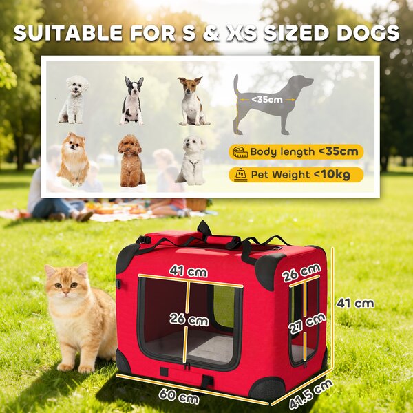PawHut Trasportino per Cani Pieghevole 60x41,5x41 cm con Finestre in Rete Cuscino Morbido e 2 Maniglie per Cani Miniatura e Gatti Rosso | Aosom Italy