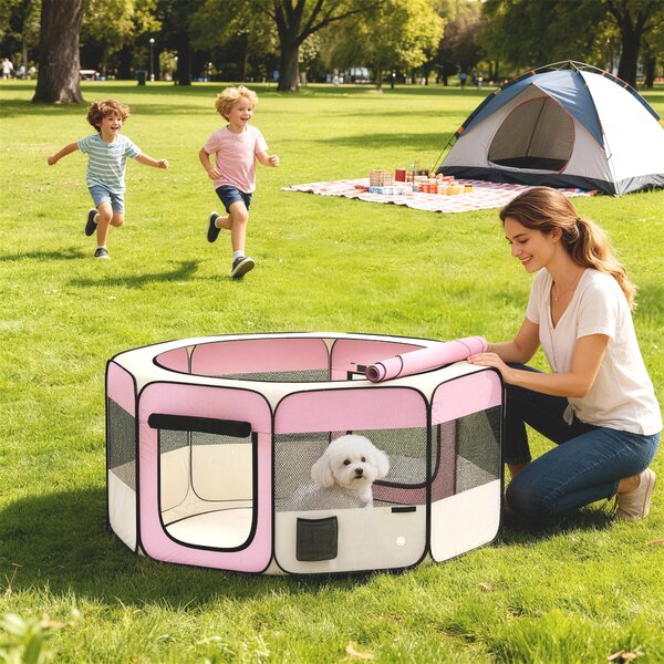 PawHut Recinto Pieghevole per Cani e Gatti, Recinto Portatile per Piccoli Animali Impermeabile in Tessuto Oxford Ø120x58cm Rosa | Aosom Italy
