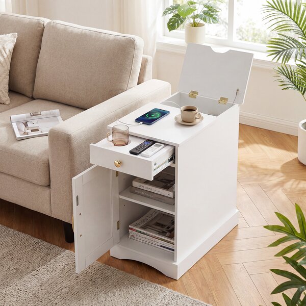 Costway Tavolino divano stazione ricarica comodino stretto cassetto armadietto, Tavolino ripiano regolabile soggiorno camera spazi piccoli Bianco