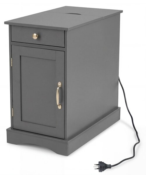 Costway Tavolino divano legno stazione ricarica comodino stretto cassetto armadietto, Tavolino ripiano regolabile soggiorno camera spazi piccoli Grigio