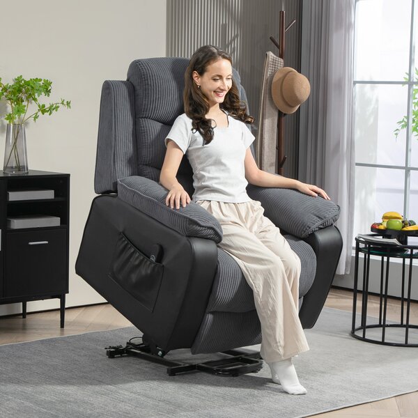HOMCOM Poltrona alzapersone elettrica, poltrona relax elettrica velluto a coste, schienale reclinabile, porte USB, 96x96x108cm, grigio | Aosom Italy