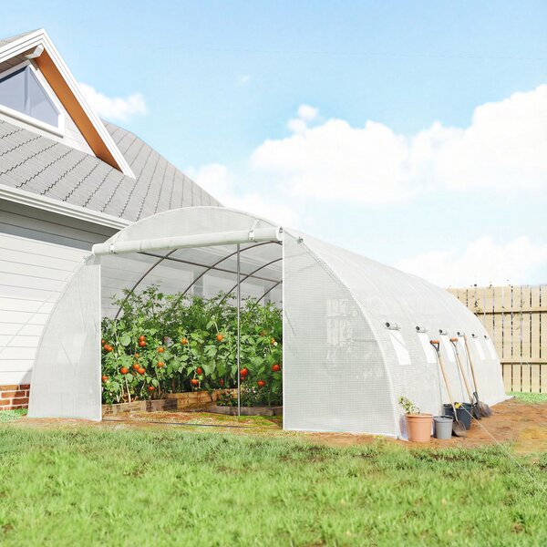 Outsunny Serra a Tunnel con 2 Barre di Supporto 2 Porte Avvolgibili e Finestre con Rete Copertura in PE Anti-UV Bianco | Aosom Italy