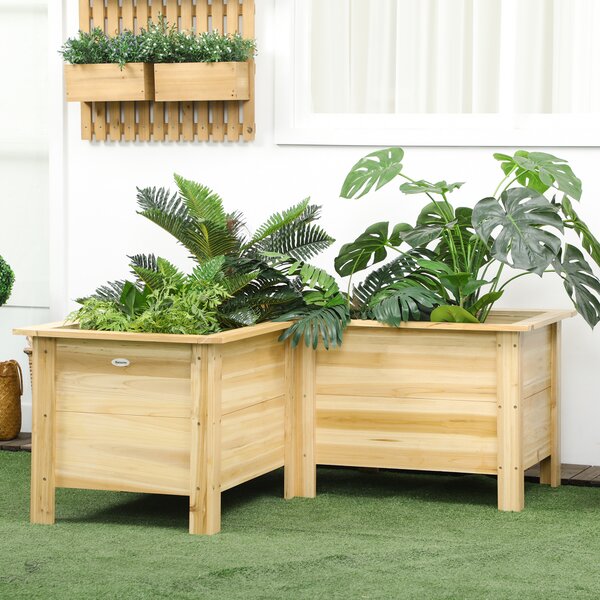 Outsunny Fioriera Rialzata in Legno Vaso da Esterno a Forma di L con Tessuto Non Tessuto Orto Urbano 120x120x50 cm Naturale | Aosom Italy