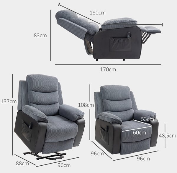 HOMCOM Poltrona alzapersone elettrica, poltrona relax elettrica velluto a coste, schienale reclinabile, porte USB, 96x96x108cm, grigio | Aosom Italy