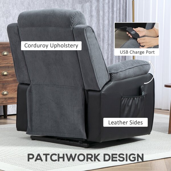 HOMCOM Poltrona alzapersone elettrica, poltrona relax elettrica velluto a coste, schienale reclinabile, porte USB, 96x96x108cm, grigio | Aosom Italy