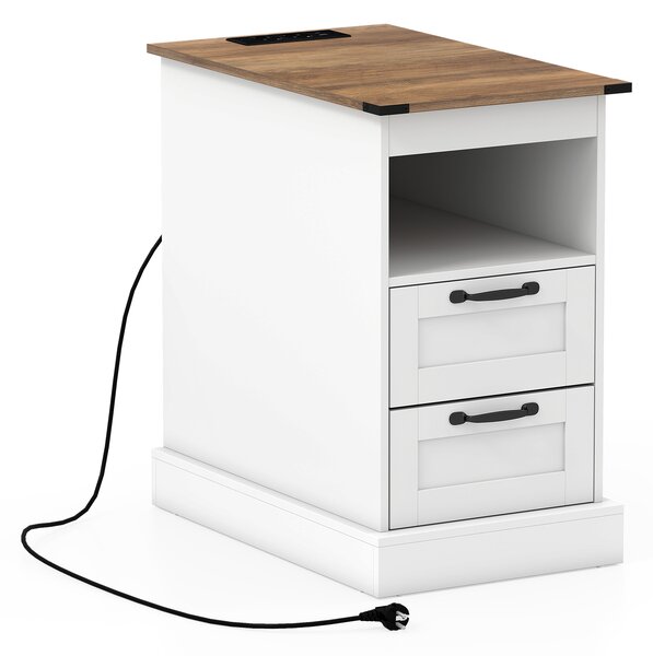 Costway Comodino rustico stazione ricarica tavolino stretto mensola aperta 2 cassetti, Comodino camera letto soggiorno dormitorio Bianco