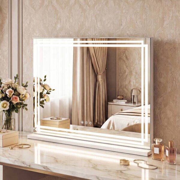 Costway Specchio luci trucco illuminato 3 modalità illuminazione dimmerabili, Specchio controllo touch intelligente tavolo trucco camera letto 80 x 14 x 62 cm