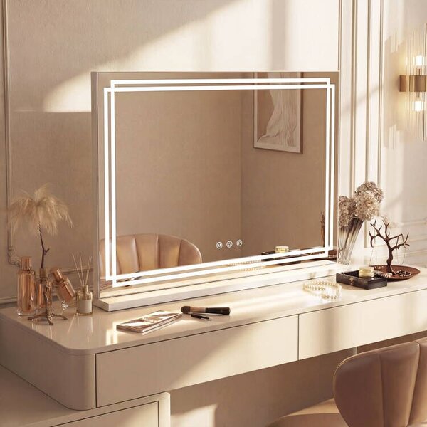 Costway Specchio luci trucco illuminato 3 modalità illuminazione dimmerabili, Specchio controllo touch intelligente tavolo trucco camera letto 80 x 14 x 62 cm