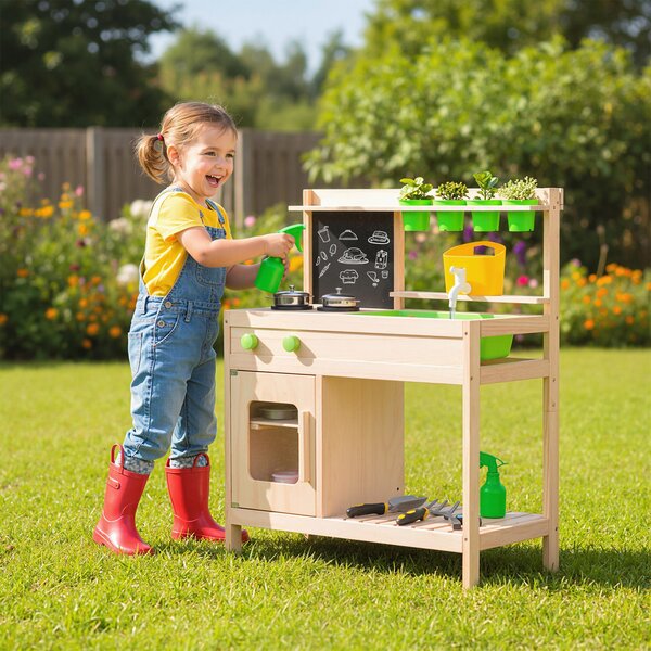 Costway Cucina fango bambini gioco lavagna fornelli rubinetto lavello utensili, Cucina vasi fiori manopole armadio legno esterno bambini 3+ anni