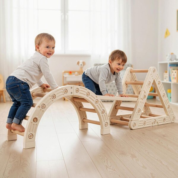 Costway Set triangolo bambini gioco montessori 5 in 1 scala triangolo arco, Scala doppia faccia palestra interno bambini 3-6 anni