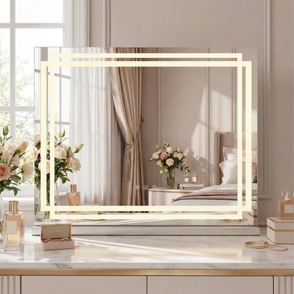 Costway Specchio luci trucco illuminato 3 modalità illuminazione dimmerabili, Specchio controllo touch intelligente tavolo trucco camera letto 58 x 12 x 48 cm