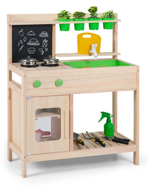 Costway Cucina fango bambini gioco lavagna fornelli rubinetto lavello utensili, Cucina vasi fiori manopole armadio legno esterno bambini 3+ anni