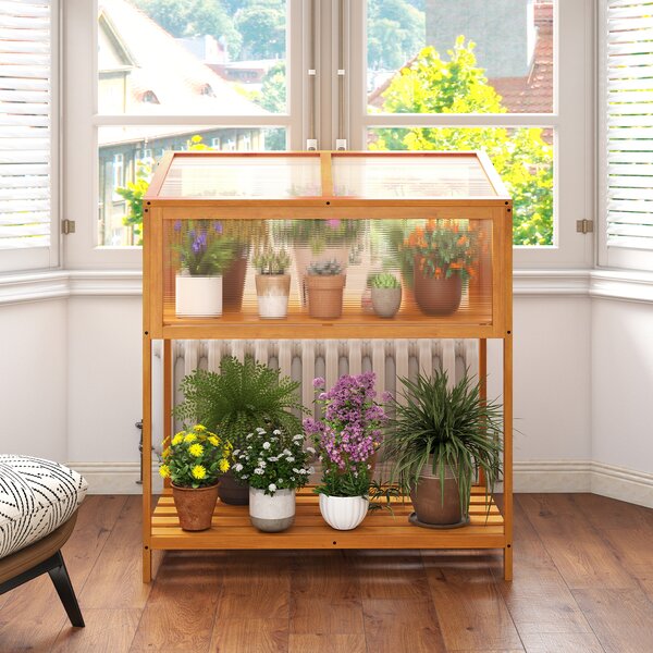 Costway Mini serra legno fioriera rialzata tetto trasparente apribile mensola a doghe, Serra salvaspazio interno esterno giardino veranda balcone 90x50,5x105cm