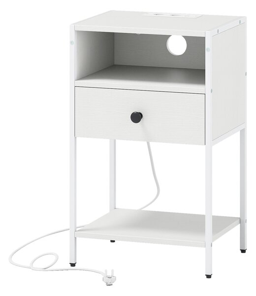Costway Comodino stazione ricarica stile industriale scomparto aperto cassetto, Tavolino ripiano inferiore compatto divano camera letto soggiorno Bianco