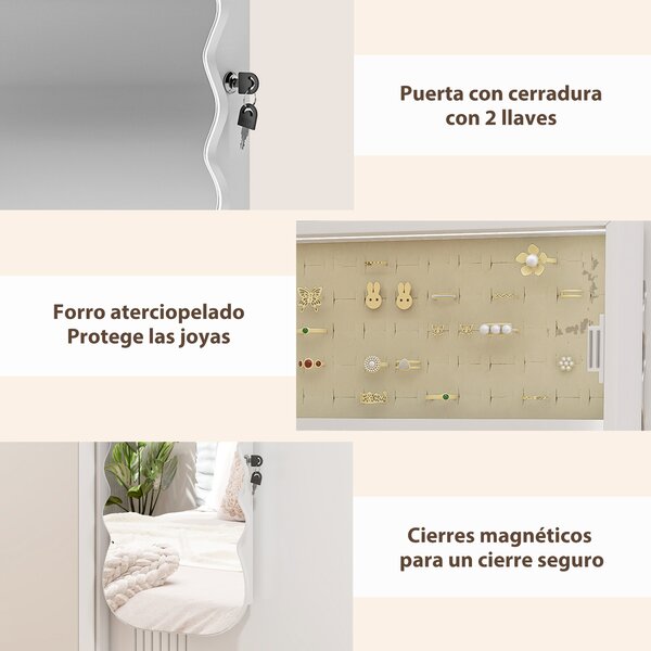 HOMCOM Specchio Portagioie con Luce LED Montabile a Parete o da Appendere alla Porta con Serratura Specchio Intero Bianco | Aosom Italy