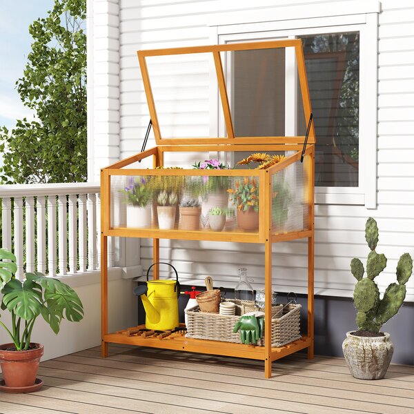 Costway Mini serra legno fioriera rialzata tetto trasparente apribile mensola a doghe, Serra salvaspazio interno esterno giardino veranda balcone 90x50,5x105cm