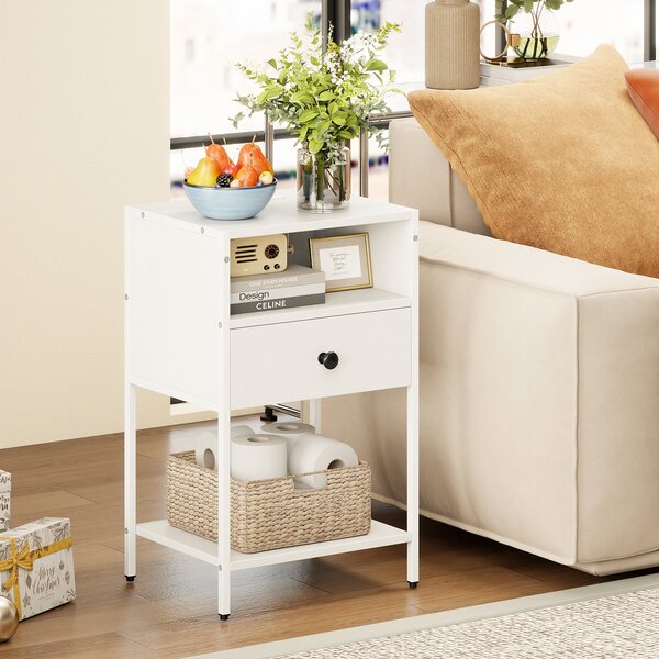 Costway Comodino stazione ricarica stile industriale scomparto aperto cassetto, Tavolino ripiano inferiore compatto divano camera letto soggiorno Bianco