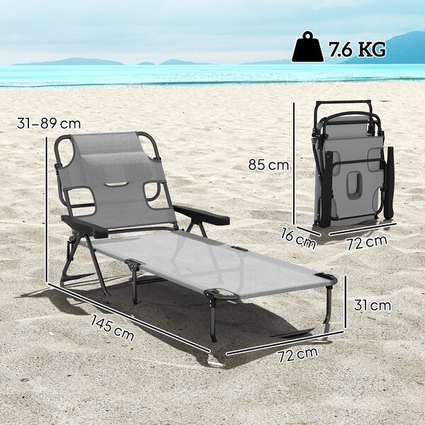 Outsunny Sdraio Pieghevole Schienale Regolabile Foro per Lettura Poggiatesta e Braccioli Portata 120 kg 145x72x89 cm Grigio Scuro | Aosom Italy