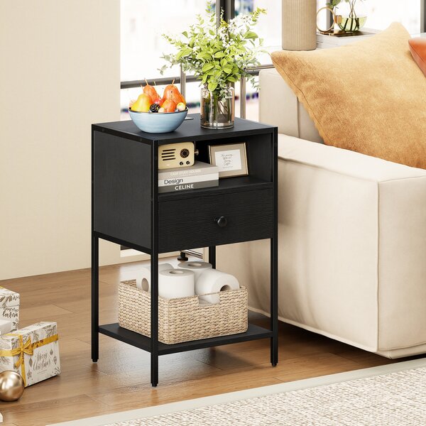 Costway Comodino stazione ricarica stile industriale scomparto aperto cassetto, Tavolino ripiano inferiore compatto divano camera letto soggiorno Nero
