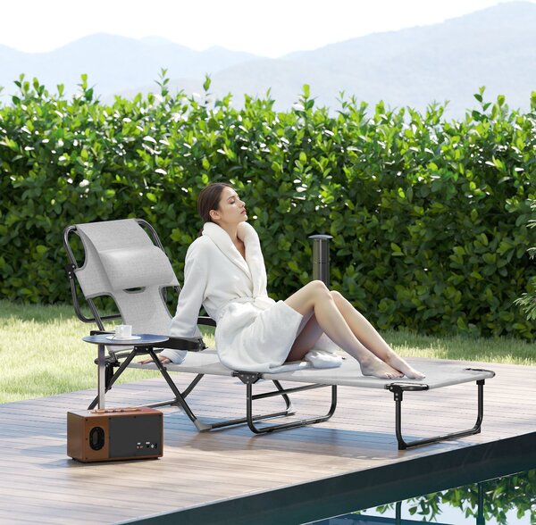 Outsunny Sdraio Pieghevole Schienale Regolabile Foro per Lettura Poggiatesta e Braccioli Portata 120 kg 145x72x89 cm Grigio Scuro | Aosom Italy