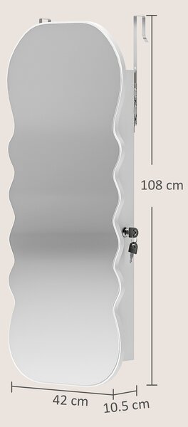 HOMCOM Specchio Portagioie con Luce LED Montabile a Parete o da Appendere alla Porta con Serratura Specchio Intero Bianco | Aosom Italy