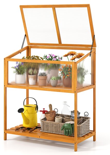 Costway Mini serra legno fioriera rialzata tetto trasparente apribile mensola a doghe, Serra salvaspazio interno esterno giardino veranda balcone 90x50,5x105cm