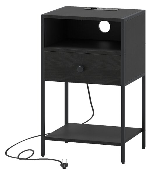 Costway Comodino stazione ricarica stile industriale scomparto aperto cassetto, Tavolino ripiano inferiore compatto divano camera letto soggiorno Nero
