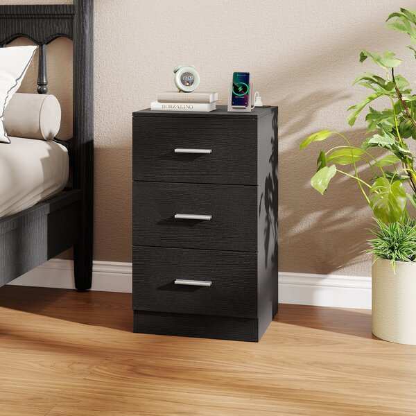 Costway Comodino stazione ricarica moderno 3 cassetti porta usb, Tavolino salotto 2 kit anti-ribaltamento soggiorno camera letto Nero
