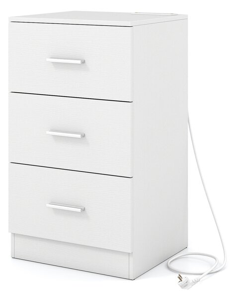 Costway Comodino stazione ricarica moderno 3 cassetti porta usb, Tavolino salotto 2 kit anti-ribaltamento soggiorno camera letto Bianco