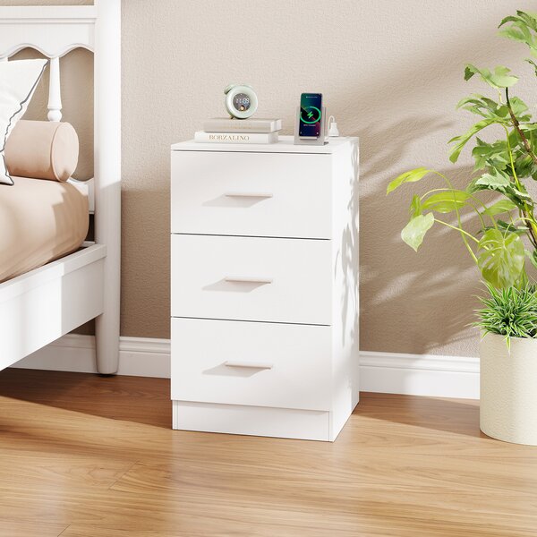 Costway Comodino stazione ricarica moderno 3 cassetti porta usb, Tavolino salotto 2 kit anti-ribaltamento soggiorno camera letto Bianco
