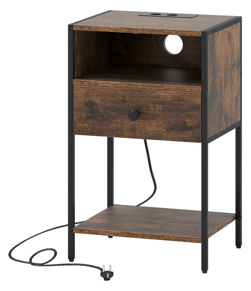 Costway Comodino stazione ricarica stile industriale scomparto aperto cassetto, Tavolino ripiano inferiore compatto divano camera letto soggiorno Marrone